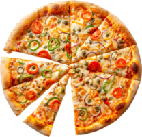 a pizza with a slice missing on a transparent background png