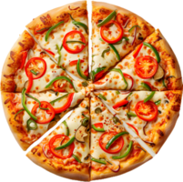 a pizza with a slice missing on a transparent background png