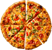 a pizza with a slice missing on a transparent background png