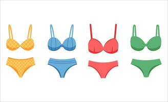 Set of colorful woman swimsuits. Bathing suits two pieces for pool and beach vector