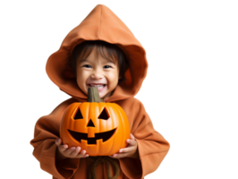 A cute kid wearing witch halloween costume with a pumpkin isolated on transparent background png