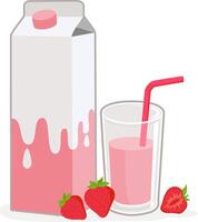 Milk carton and glass of strawberry flavored milk and strawberries. Glass of cows milk for breakfast drink or snack. vector