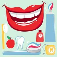 Set of dental hygiene objects. Toothbrush, toothpaste and dental floss. Brushing and cleaning teeth set. vector