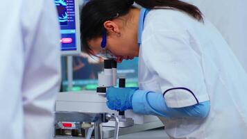 Biochemical research scientist team working with microscope for vaccine development in pharmaceutical labolatory. Stuff examining virus evolution using high tech researching diagnosis against covid19 video