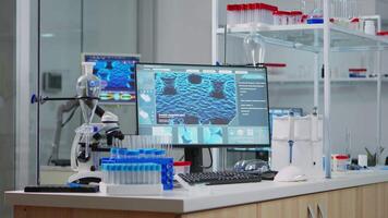 Empty laboratory modernly equipped with nobody in it, prepared for pharmaceutical innovation using high tech and microbiology tools for scientific research. Vaccine development against covid19 virus. video