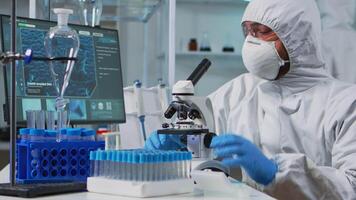Close up of scientist looking through a microscope wearing ppe suit in equipped lab. Team examining virus evolution using high tech for scientific research of vaccine development against covid19. video
