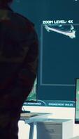 Vertical Military surveillance officers talking next to a big screen in general headquarters for cyber operations, control and monitoring to manage national security and army communications. Camera A. video