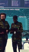 Vertical Diverse team of infantry unit leader and commander gather intelligence via radar surveillance, examine a world map to ensure national safety. Officers operating in mission control center. Camera B. video