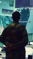 Vertical Military unit leader conducts reconnaissance operation to gather data and support troops in the field. Uses command center gear to provide crucial information, federal satellite radar. Camera B. video