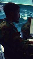 Vertical Soldier implements and processes tactical data with reconnaissance radar system, creating comprehensive battlefield maps to aid troops in the operational field. Intelligence for a mission. Camera B. video