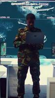 Vertical Infantry unit leader examines big data on a screen in military monitoring room and command center. Male army officer ensures national safety, strategic and tactical intelligence. Camera B. video
