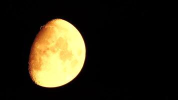 Timelapse. A glowing golden huge moon as seen from earth through the atmosphere against a starry night sky. A large moon moves across the sky, the moon moving from the left frame to the right. video