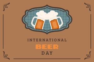 Greeting banner. International beer day. Large glass of beer and delicious foam. Retro frame with vintage elements. illustration for background, event, holiday, bar vector
