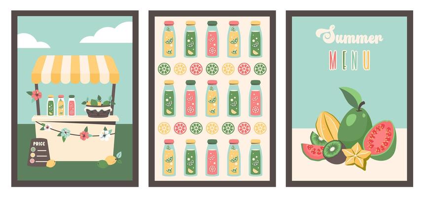 Set of summer posters. Lemonade stand. Summer backgrounds. Fresh exotic fruits. Citrus juicy with various flavor. Lemonade truck with lemonade bottles. illustration for party, holiday