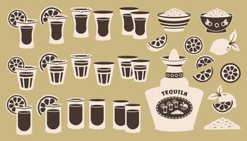 Tequila shots. Set of Different glasses with slice of lime, salt. Silhouette of various ingredients for tequila. Alcoholic beverage. Minimalist design. Hand drawn outline illustration vector