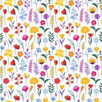 Wildflowers seamless pattern. Bright and colorful meadow herbs and flowers on a beige background. Floral summer illustration. Spring botanical background, modern style design vector