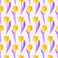 Tulip yellow flower, seamless pattern. Summer floral illustration, beige background. Bright spring botanical print, modern style design vector
