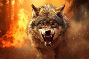 Wolf Running From Burning Forest photo