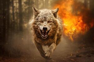 Wolf Running From Burning Forest photo