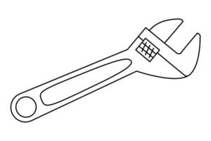 Hand drawn cute outline illustration of adjustable wrench or spanner instrument. Flat repair tool in line art doodle style. Support service hardware icon. Settings or fix problem. Isolated. vector