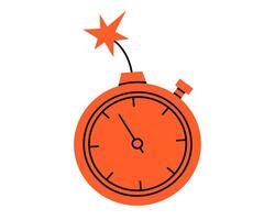 Hand drawn cute illustration of timer clock like bomb with burning wick. Flat time measurement device in colored doodle. Stopwatch sticker, icon. Deadline, limited time, countdown. Isolated. vector