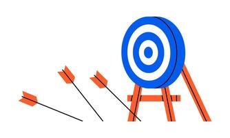 Hand drawn cute illustration of arrow miss target. Flat failure shot doodle. Wrong strategy icon. Unsuccessful attempt. Find problem solution. Lost opportunity. Lose in competition. Isolated. vector