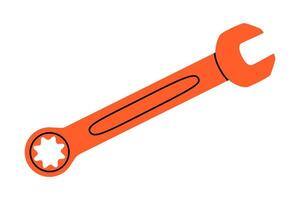Hand drawn cute cartoon illustration of ratcheting wrench or spanner instrument. Flat repair tool in colored doodle style. Support service hardware icon. Settings or fix problem. Isolated. vector