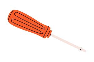 Hand drawn cute cartoon illustration of screwdriver or turn-screw instrument. Flat repair tool in doodle style. Support service hardware icon. Settings or fix problem. Find solution. Isolated. vector