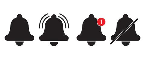 Notification bell icon set, On and off alarm and message. Set of ringing bells with new notification. vector