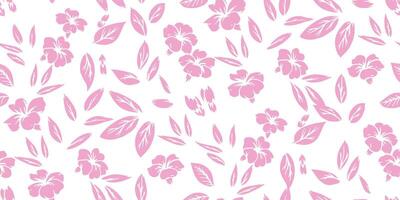 Pink minimal small flowers, leaves, tiny buds scattered randomly in a seamless pattern on a white background. Abstract plain shapes floral printing. hand drawing. Nature ornament for textiles vector