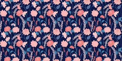 Blooming colorful wild meadow seamless pattern on a dark blue background. Abstract artistic branches with creative flowers, small leaves, tiny buds printing. hand drawing. Template for designs vector