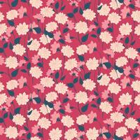 Blooming wild meadow seamless pattern on a burgundy background. Abstract artistic branches with ditsy flowers, small leaves, tiny buds printing. hand drawing sketch. Template for designs vector