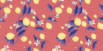 Tropical pattern with blooming yellow lemons, on branch with leaves. hand drawing illustration. Abstract artistic citrus fruit printing intertwined in a seamless colorful background. vector