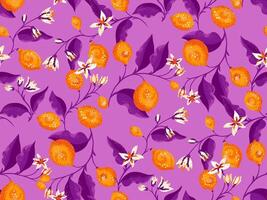 Tropical purple seamless pattern with blooming yellow lemons, on violet branch with leaves and buds. hand drawing illustration. Abstract artistic citrus fruit repeated background. vector