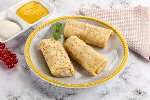 Homemade stuffed pancakes with honey and cream sour photo
