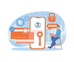 Man making an online payment. Protect personal data on electronic devices. Cyber security concept. vector