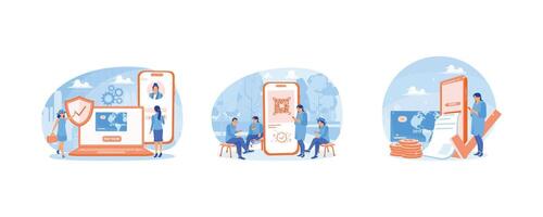 Online payments. Scanning a QR code on a mobile phone. People transferring money using a mobile phone. Online Payment concept. Set flat illustration. vector