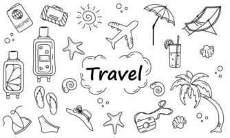 Set of Travel Doodles, Collection of Hand Drawn Icons, Summer, Vacation, Concept, Outline, Sketch vector