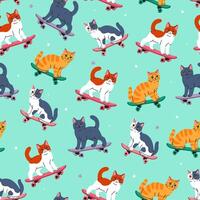 Fun seamless pattern with cute cats on skateboards. graphics. vector