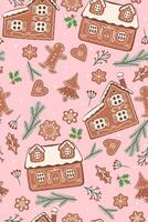 Seamless pattern with gingerbread cookies and winter flora on a pink background. graphics. vector