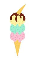 Flat triple ice cream in waffle cone and sprinkles vector