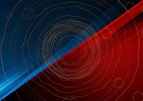 Contrast red and blue background with golden wavy circles vector