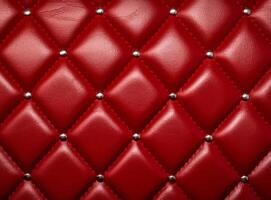 A close-up view of a luxurious red leather upholstery with decorative studs. photo