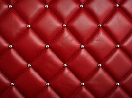 A close-up view of a luxurious red leather upholstery with decorative studs. photo