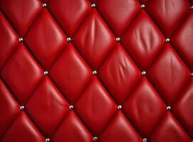 A close-up view of a luxurious red leather upholstery with decorative studs. photo