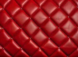 A close-up view of a luxurious red leather upholstery with decorative studs. photo