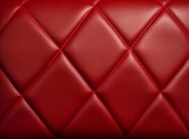 Luxurious red leather material with a classic diamond stitching pattern. photo