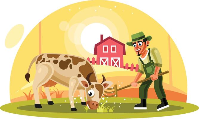 Farmers Feeding Grass to Cow in Farm