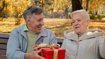 Mature man gives gift to beloved wife on birthday elderly woman happily laughs positive married couple celebrating anniversary unexpected surprise excited lady middle aged receive wrapped festive box photo