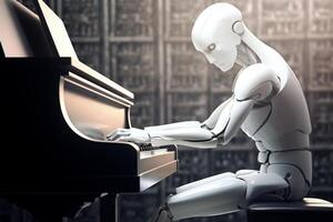 Sci-fi humanoid robot android plays piano robotic fingers touch stylish musical instrument notes technological harmony advanced artificial intelligence people-like futuristic interactions photo